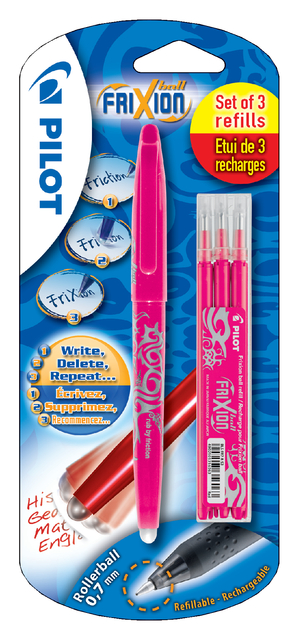 Rollerpen PILOT friXion medium roze blister à 1 stuk + 3 vullingen