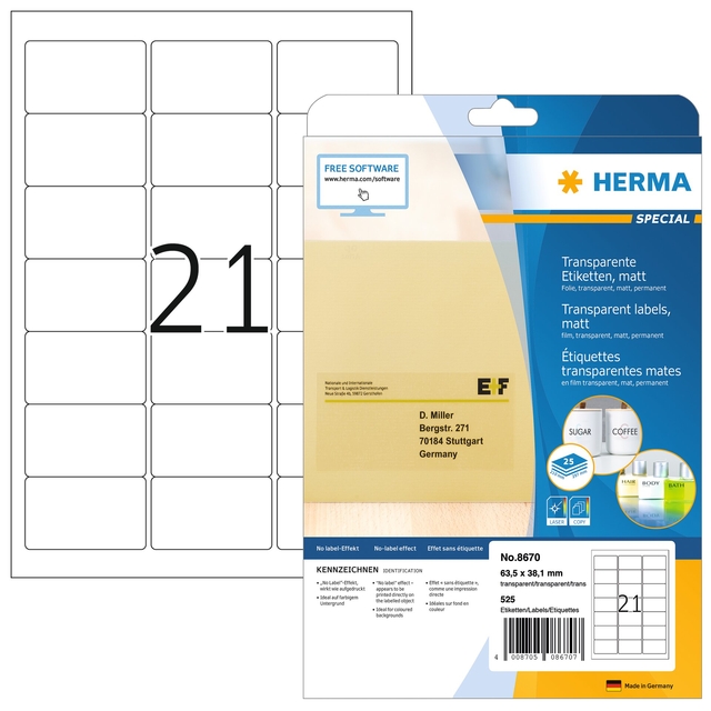 Etiket HERMA 8670 A4 63.5×38.1mm folie transparant mat 525st