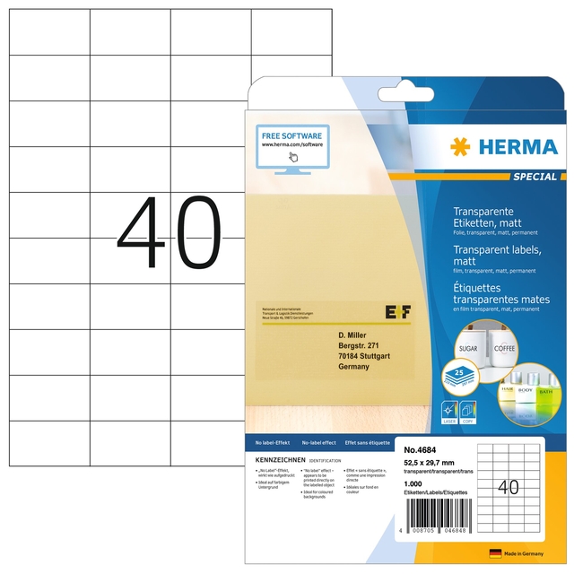 Etiket HERMA 4684 52.5×29.7mm A4 folie transparant mat