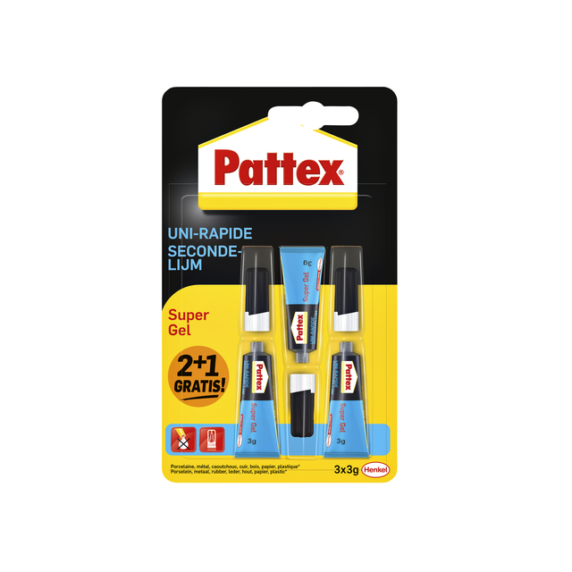 Secondelijm Pattex super gel 3gr 2+1 gratis