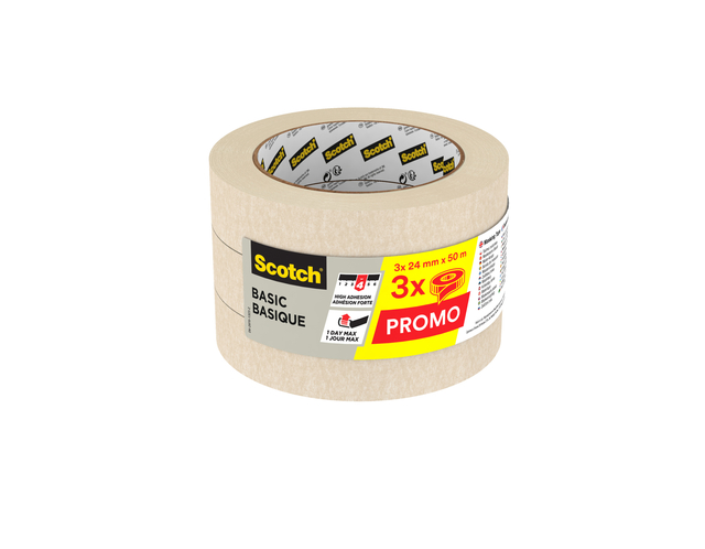 Afplaktape Scotch Basic 24mmx50m beige 3 rollen