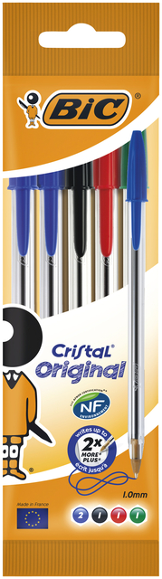 Balpen Bic Cristal medium assorti blister à 5 stuks