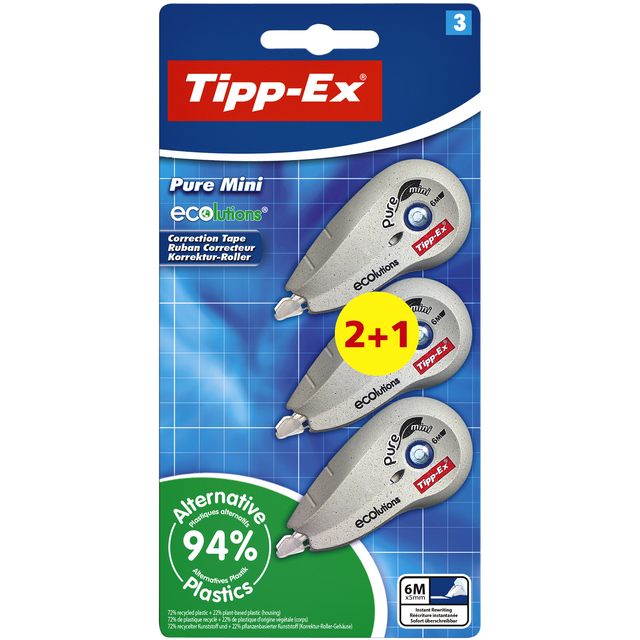 Correctieroller Tipp-ex mini pure ecolutions 5mmx6m blister 2+1 gratis