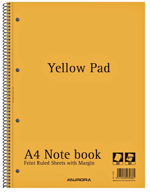 Collegeblok Aurora Yellow Pad A4 lijn 4-gaats 160 pagina’s 80gr geel