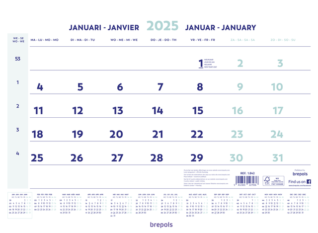 1-Maandskalender 2025 Brepols 43×31.5cm