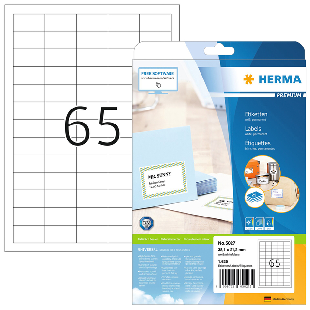 Etiket HERMA 5027 A4 38.1×21.2mm premium wit