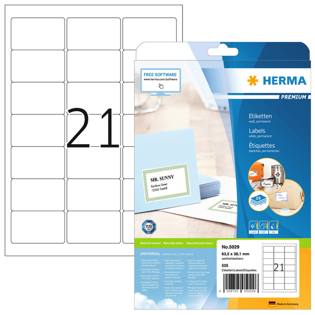 Etiket HERMA 5029 A4 63.5×38.1mm premium 525stuks wit