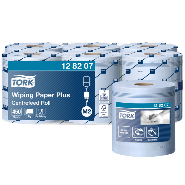 Poetspapier Tork Wiping Plus M2 Centerfeed 2-laags 157m blauw 128207