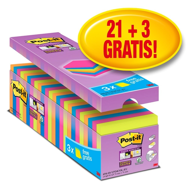 Memoblok Post-it 654 Super Sticky 76x76mm 21+3 gratis assorti