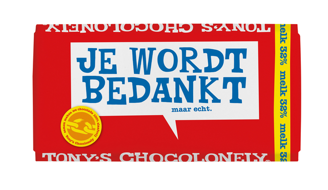 Chocolade Tony’s Chocolonely melk bedankt reep 180gr