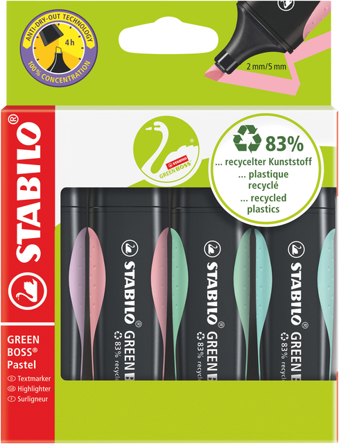 Markeerstift STABILO GREEN BOSS 6070/4 pastel assorti etui à 4 stuks