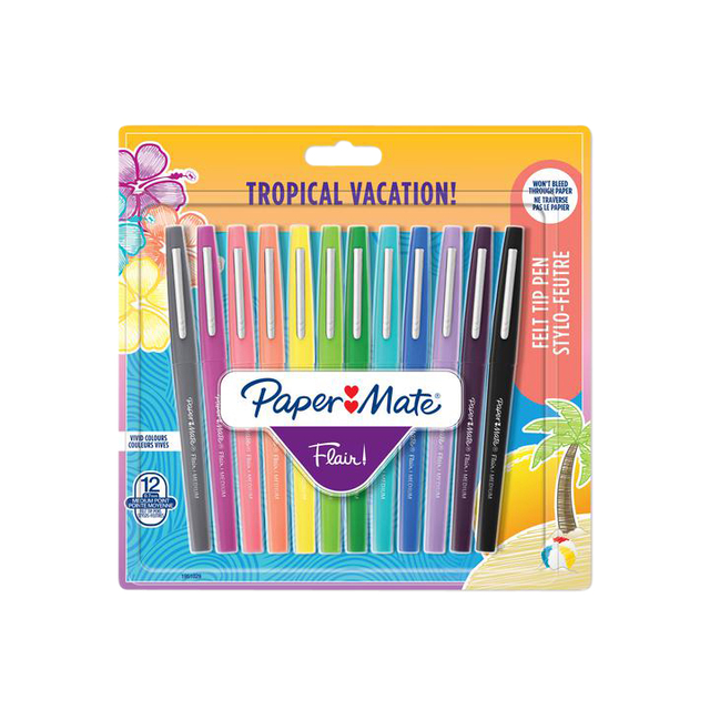 Fineliner Paper Mate Flair Tropical Vacation! medium assorti blister à 12 stuks