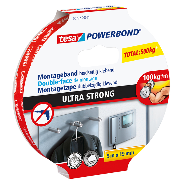 Montagetape tesa® Powerbond Ultra strong dubbelzijdig 5mx19mm wit