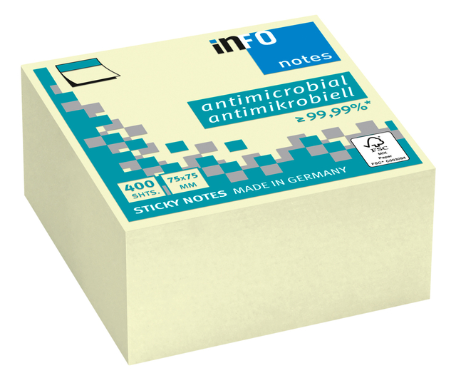 Memoblok info notes antimicrobiëel 400 vel 75x75mm geel