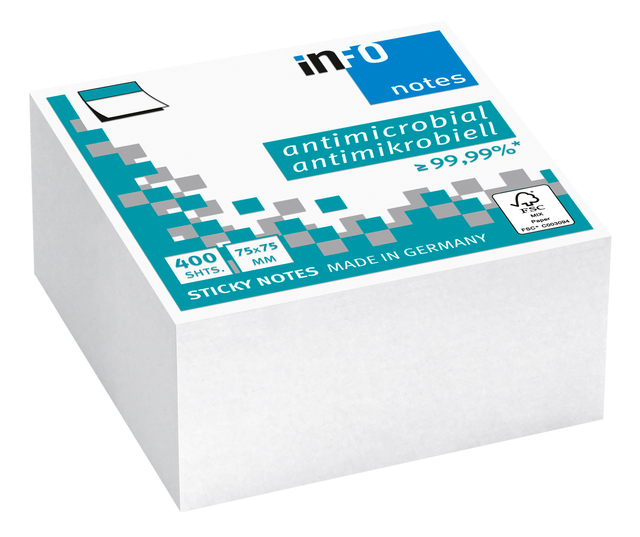 Memoblok info notes antimicrobiëel 400 vel 75x75mm wit 400 vel