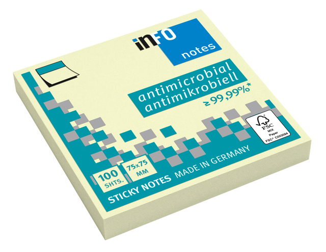 Memoblok info notes antimicrobiëel 100 vel 75x75mm geel