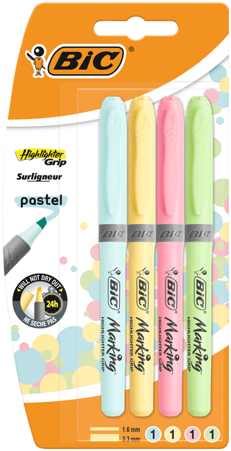 Markeerstift Bic grip pastel assorti blister à 4 stuks