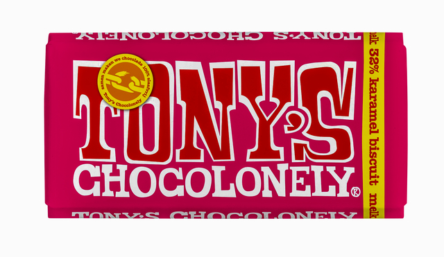 Chocolade Tony’s Chocolonely melk karamel biscuit reep 180gr