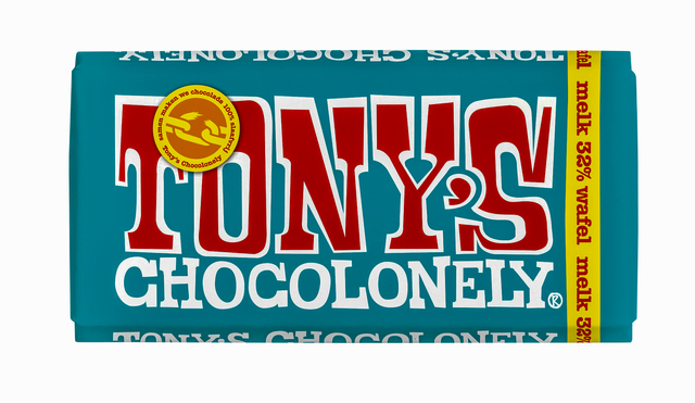 Chocolade Tony’s Chocolonely melk pennywafel reep 180gr