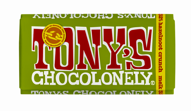 Chocolade Tony’s Chocolonely melk hazelnoot crunch reep 180gr