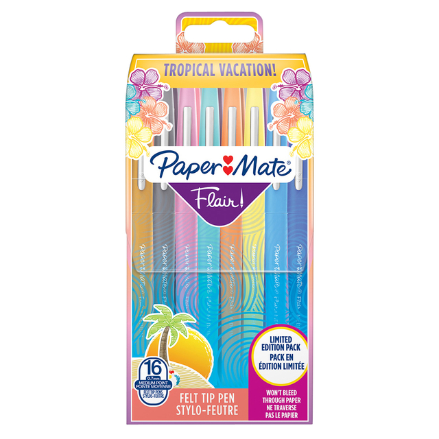 Fineliner Paper Mate Flair Tropical Vacation! medium assorti blister à 16 stuks