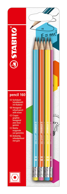 Potlood STABILO grafiet 160 HB met gumtop assorti blister à 6 stuks