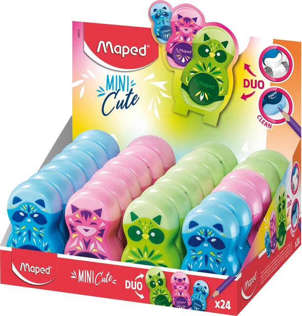 Puntenslijper Maped Mini Cute Loopy 1gaats met gum display á 24 stuks assorti