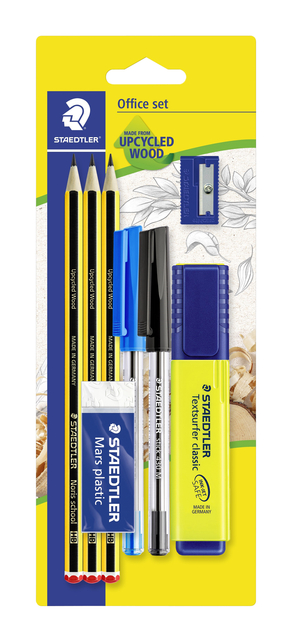 Schrijfset Staedtler inhoud 3 Noris potloden HB – 2 balpennen, markeerstift, gum en slijper