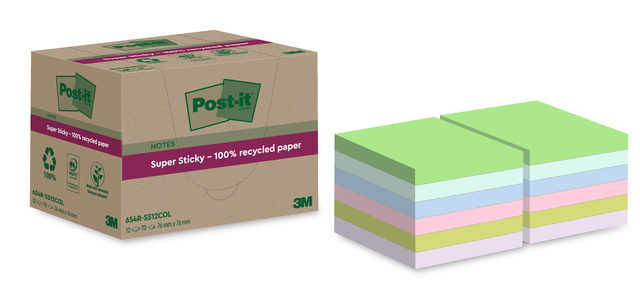 Memoblok Post-it 654 RSS12COL 76x76mm recycled colour notes pastel