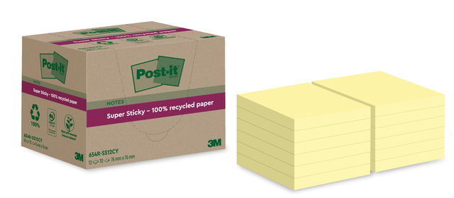 Memoblok  Post-it Super Sticky 654 RSS12CY recycled 76x76mm canary yellow