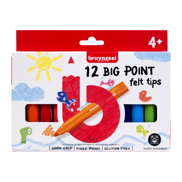 Viltstift Bruynzeel Kids big point blister à 12 kleuren