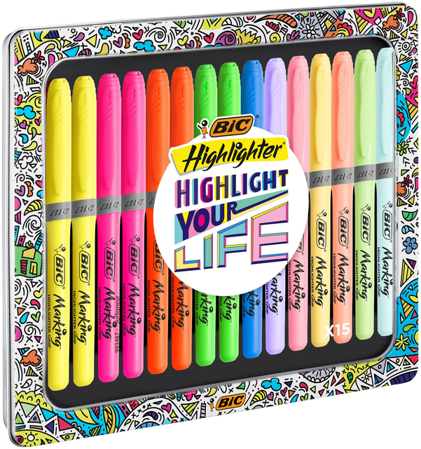 Markeerstift Bic grip Highlight your life assorti blik à 15 stuks