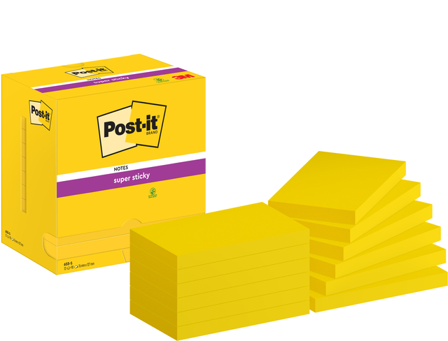 Memoblok Post-it 655 Super Sticky 76x127mm neon geel 12 stuks