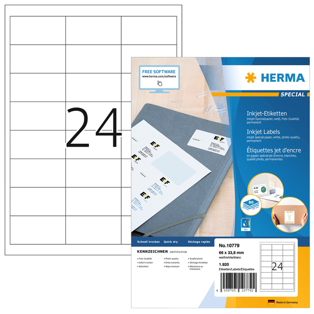 Etiket HERMA 10779 66×33.8mm wit 1920stuks