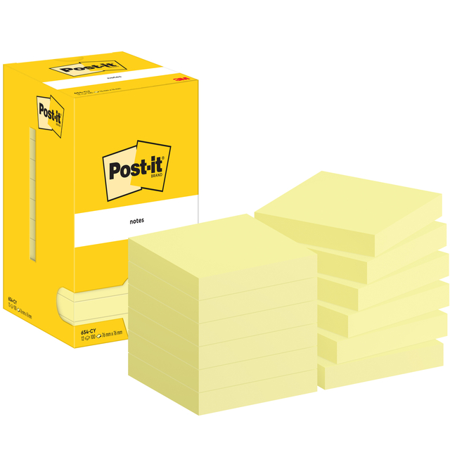 Memoblok Post-it 654 76x76mm geel 12 stuks