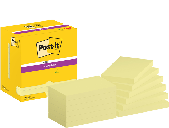 Memoblok Post-it 655 Super Sticky 76x127mm Canary yellow 12 stuks