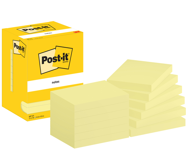 Memoblok Post-it 657 76x102mm geel 12 stuks