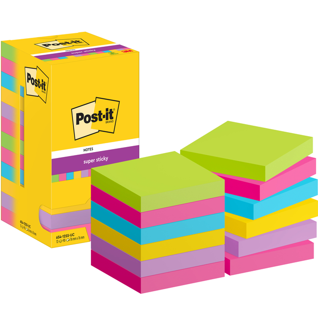 Memoblok Post-it 654 Super Sticky 76x76mm 90 vel rainbow 12 stuks