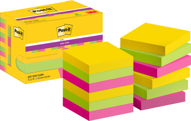 Memoblok Post-it 622 Super Sticky 47,6×47,6mm Carnival 12 stuks