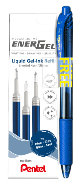 Gelschrijvervulling Pentel LR7 Energel met gratis gelpen medium blauw blister à 3 stuks