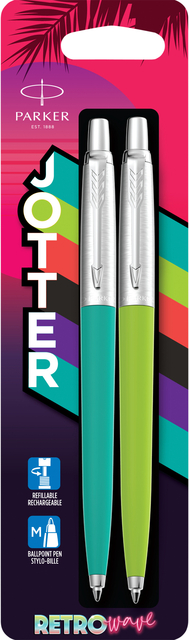 Balpen Parker Jotter Original 80’s Retrowave duo turquoise en appelgroen CT medium blister à 2 stuks