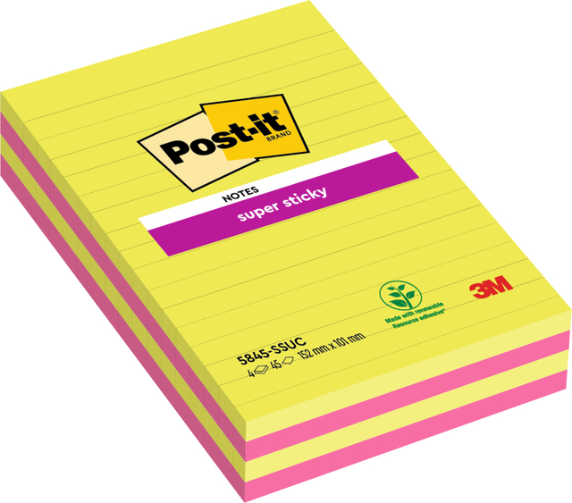 Memoblok 3M Post-it 584 127x203mm Super Sticky lijn assorti kleur