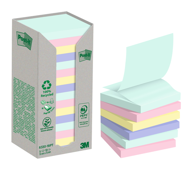 Memoblok 3M Post-it Z-Note R330 76x76mm recycle assorti kleur