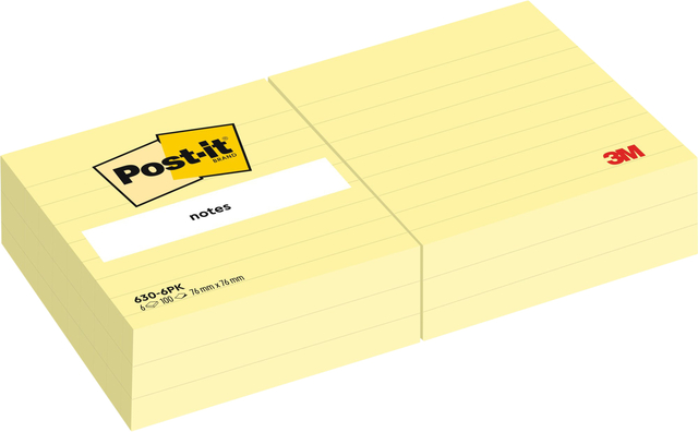 Memoblok 3M Post-it 630 76×76 mm lijn geel 6 stuks