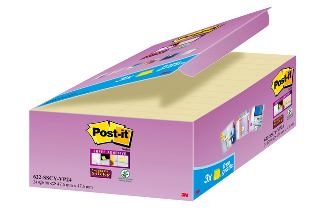 Memoblok 3M Post-it 622 Super Sticky 47.6×47.6mm geel 21 + 3 gratis