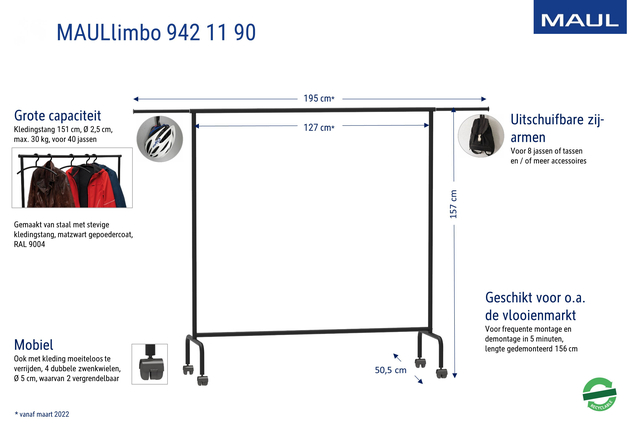 Garderoberek MAUL Limbo 156×127(tot 220)x50cm mobiel (zijarmen)