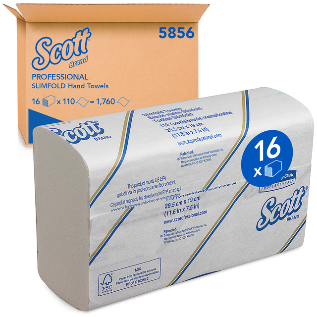 Handdoek Scott Slimfold m-vouw 1-laags 19×29,5cm wit 16x110stuks 5856