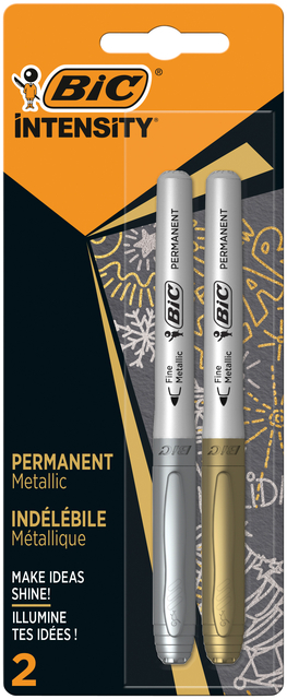 Viltstift Bic Intensity rond permanent fine metallic zilver en goud blister à 2 stuks