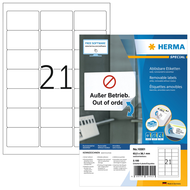 Etiket HERMA 10301 63.5×38.1mm verwijderbaar wit 2100 etiketten