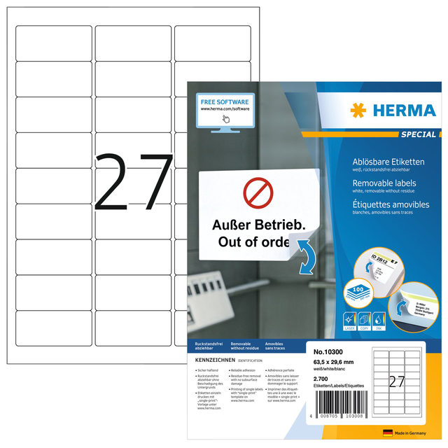 Etiket HERMA 10300 63.5×29.6mm verwijderbaar wit 2700 etiketten